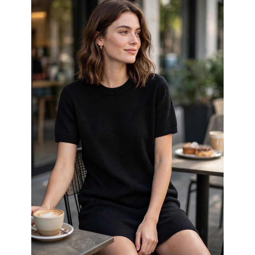 HM Black Short Sleeve Knit Sweater Dress Ribbed Crew Neck XL NWT